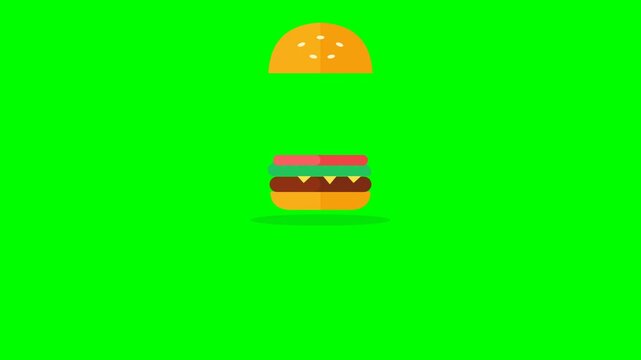 Flat 2d animation of a burger assembling on a green screen