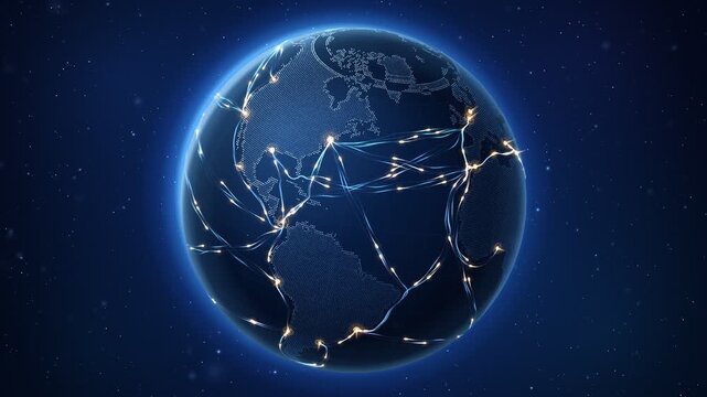 Rotating dotted earth globe with glowing sea lanes moving cargo ships and pulsing trade ports loop