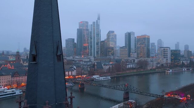 Aerial View of Frankfurt Main River, Eiserner Steg Bridge and Skyline at Dusk