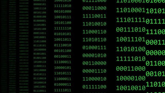 Digital binary code glowing green numbers scrolling rapidly across dark computer screen monitor motion background video clip