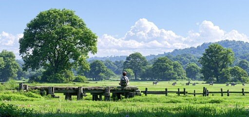 Naklejka premium On a rustic wooden bridge, a thoughtful child gazes over a vibrant green meadow in peaceful countryside surroundings.