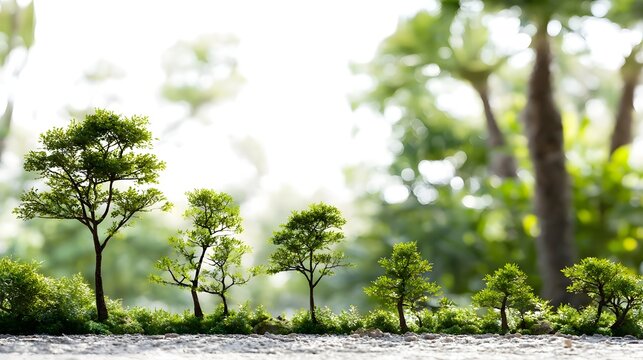 A row of small green trees growing in a landscaped garden with soft sunlight and blurred background foliage