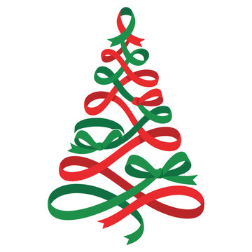 Christmas tree made of red and green ribbons isolated on white background for holiday greeting cards