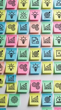 Colorful sticky notes on white wall feature black business icons. Paper notes show light bulb ideas, growth charts, gear settings, target goals. Creative team uses post notes for brainstorming,