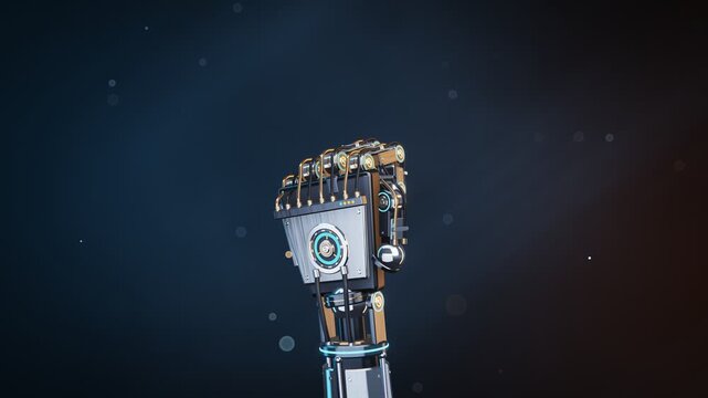 Futuristic robotic cyborg hand flexing fingers and opening palm in 3D animation loop