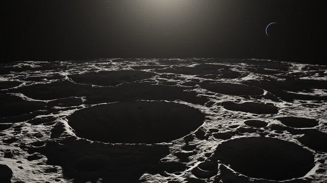 Stunning View of Lunar South Pole Craters with Earth Glowing in Deep Space
