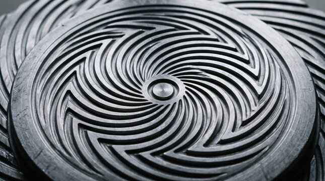 Close up of a precision machined metal plate featuring a complex spiral vortex pattern with intricate CNC milled circular grooves, abstract metallic swirls and industrial engineering surface texture
