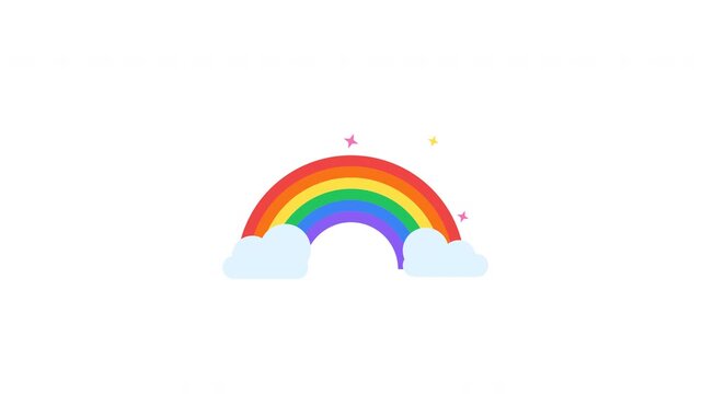 Cartoon rainbow animation between white clouds on white background