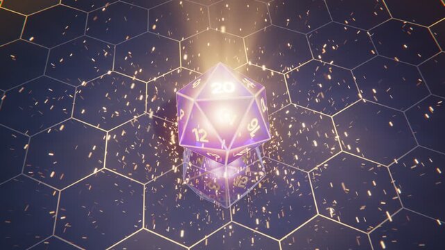 Glowing purple d20 RPG dice critical hit rolling on hexagonal gaming grid in 4K loop