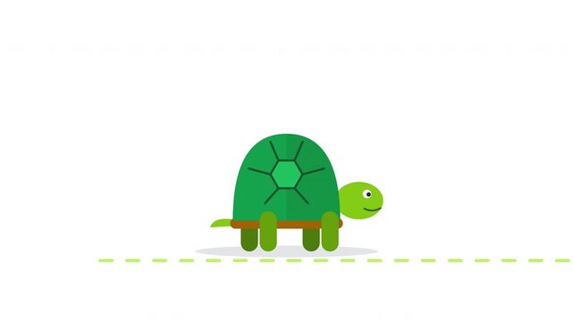 Animated green cartoon turtles walking along dashed lines