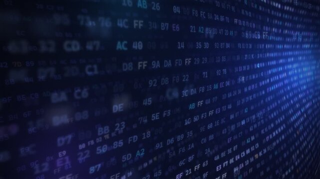 Flowing Hexadecimal Byte Data Wall with Cinematic Depth of Field and Code Stream