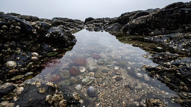 A shallow tide pool nestled between dark barnacle covered rocks on a misty coastal shore