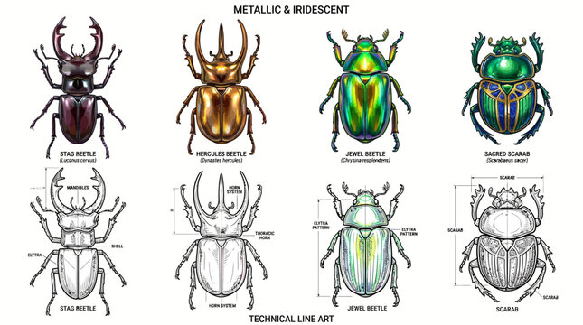 Metallic and iridescent beetles collection with technical line art diagrams and anatomical insect sketches