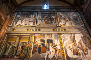 Veduta di Pavia, a masterpiece of Renaissance painting, fresco inside the Basilica di San Teodoro in Pavia © Ldgfr Photos