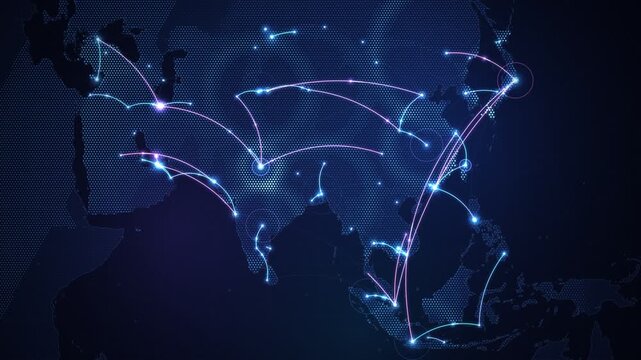 Glowing neon network connection lines linking major cities across a dark dotted map of Asia loop