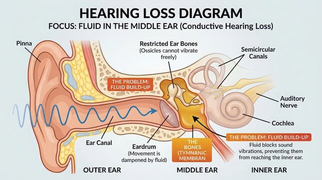 Diagram illustrating hearing loss due to fluid buildup in the middle ear anatomy inner ear