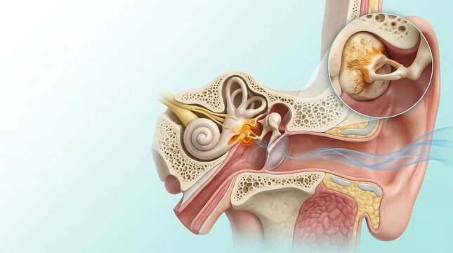 Cross-section of the human ear illustrating otosclerosis affecting the ossicles and stapes Keywords: human ear anatomy inner ear cross section cochlea semicircular canals auditory nerve vestibular
