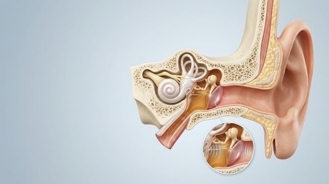 Cross-section of human ear anatomy showing outer middle and inner ear structures with magnified detail