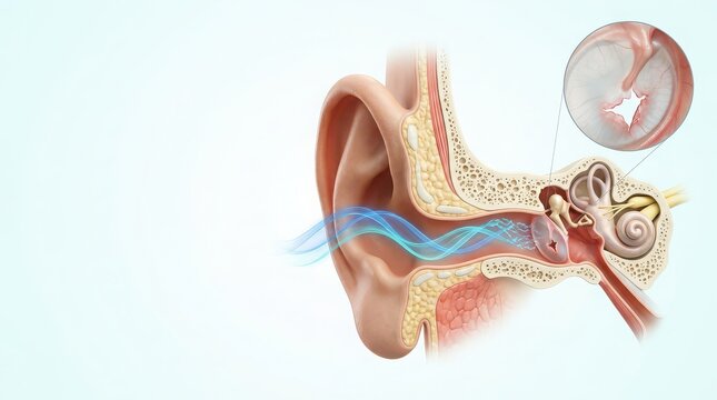 Human ear anatomy cross section showing sound waves entering and impacting eardrum Keywords: ear, anatomy, cross section, sound waves, eardrum, hearing, auditory system, human body, medical
