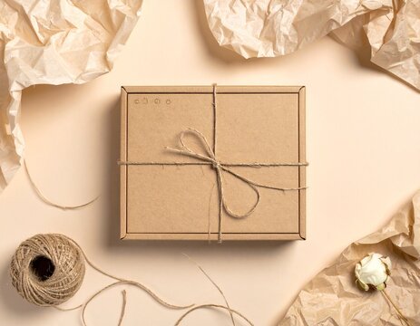 Craft box tied with twine string on beige background with crumpled pap