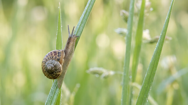 A garden snail with a spiral shell climbs up a wet blade of green grass in a sunlit dewy meadow