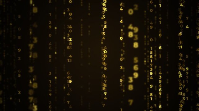 Abstract background of falling golden numbers on a dark background, creating a digital matrix effect for technology, finance, and cybersecurity themes.