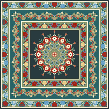 Mandala rug with Damask and ethnic tribal patterns.
