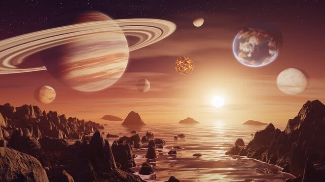 Exoplanet landscape with red dwarf sun rings and alien oceans in 4K