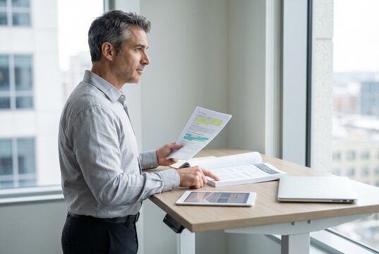Office worker reviewing highlighted documents at a standing desk