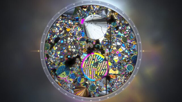 Meteorite thin section under polarized light microscope rotating with bright interference colors