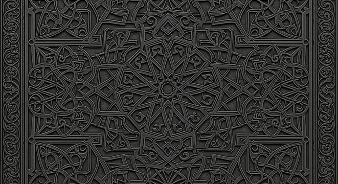 An intricate dark gray arabic geometric pattern features ornate carvings and embossed symmetrical motifs across a heavily textured surface displaying traditional middle eastern craftsmanship