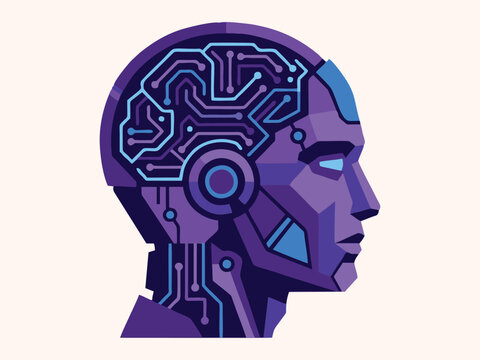 Purple artificial intelligence head with brain and digital circuits, machine learning concept vector illustration