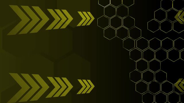 Abstract technology background with glowing arrows and hexagon pattern on dark dark gradient animation
