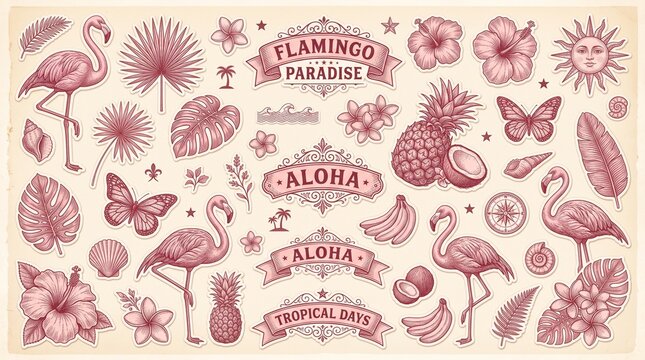 Vintage tropical illustration set, pink flamingo and palm leaves line art clipart, aloha paradise retro summer graphics set, engraved exotic flora and fauna design elements