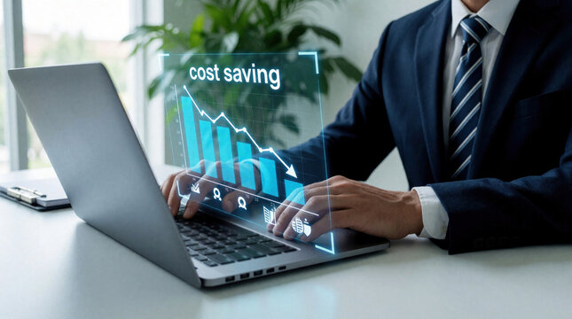 Focused businessman works on laptop in modern office. Male professional analyzes holographic digital interface with cost saving chart showing downward trend. Financial data graph displays budget