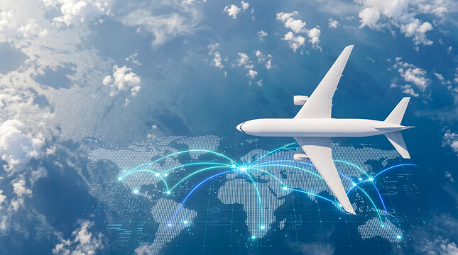 Aerial top view of a cargo airplane above clouds with glowing flight routes on a world map