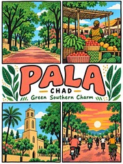 Fototapeta premium Illustrated Pala, Chad scene celebrates green southern charm with leafy streets, a produce market, a church, and cyclists beneath a vivid sunset.