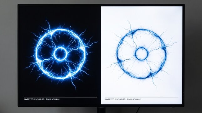 Computer monitor displaying a split screen simulation of blue electric plasma discharge in dark and light modes