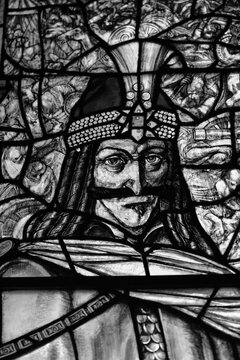 Stained glass depicting Vlad the Impaler (Vlad Dracula Tepes), the 15th-century ruler of Wallachia and historical figure associated with the Dracula legend, portrayed in traditional medieval attire.
