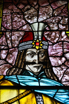 Stained glass depicting Vlad the Impaler (Vlad Dracula Tepes), the 15th-century ruler of Wallachia and historical figure associated with the Dracula legend, portrayed in traditional medieval attire.