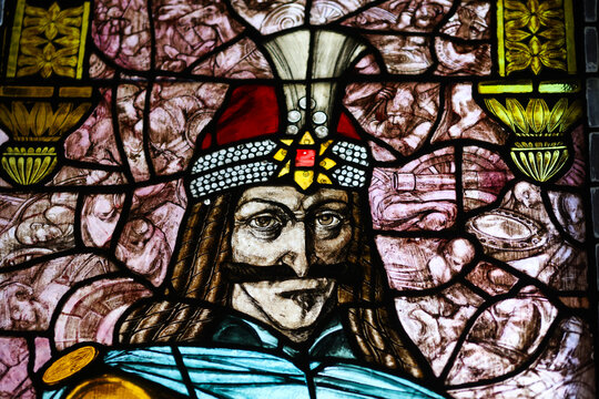 Stained glass depicting Vlad the Impaler (Vlad Dracula Tepes), the 15th-century ruler of Wallachia and historical figure associated with the Dracula legend, portrayed in traditional medieval attire.