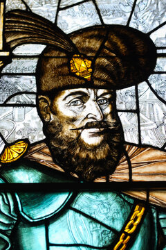 Stained glass depicting Mihai Viteazul (Michael the Brave), the Prince of Wallachia who briefly united Wallachia, Transylvania, and Moldavia under his rule in 1600.