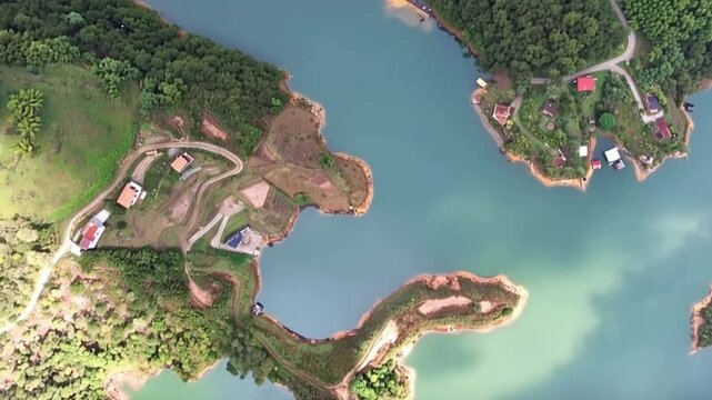 Guatap&eacute; Reservoir with Scenic Islands and Mountain Landscape in Antioquia, Colombia. Time Lapse. Establishing Shot. Aerial View.