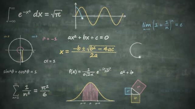 Handwritten math formulas and animated geometry diagrams on a green chalkboard