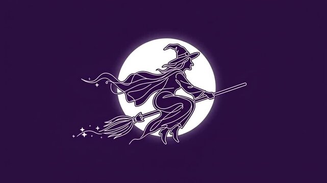 Witch flying on broomstick in front of full moon animation