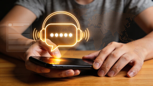 Global Digital Communication and Customer Support with Headset and Chat Hologram on Smartphone