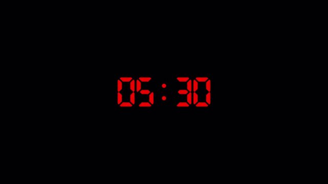 Digital six minute countdown timer animation on transparent background in sixty seconds