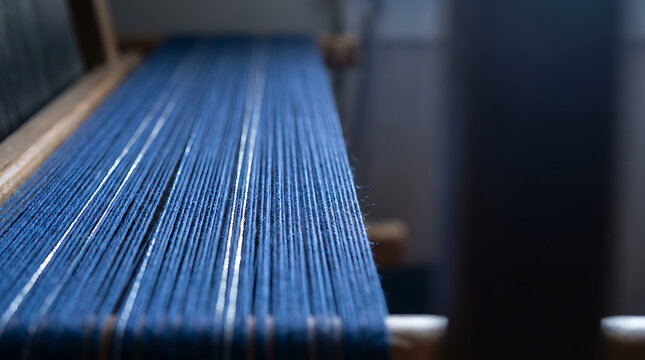 Blue thread stretched tight on an industrial textile loom