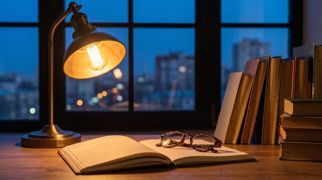 Warm desk lamp illuminating an open study book and reading glasses on a wooden table at night