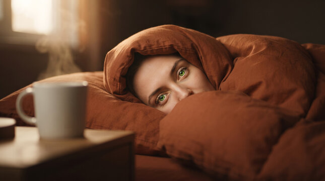 Woman peeking from under duvet in bed near steaming mug